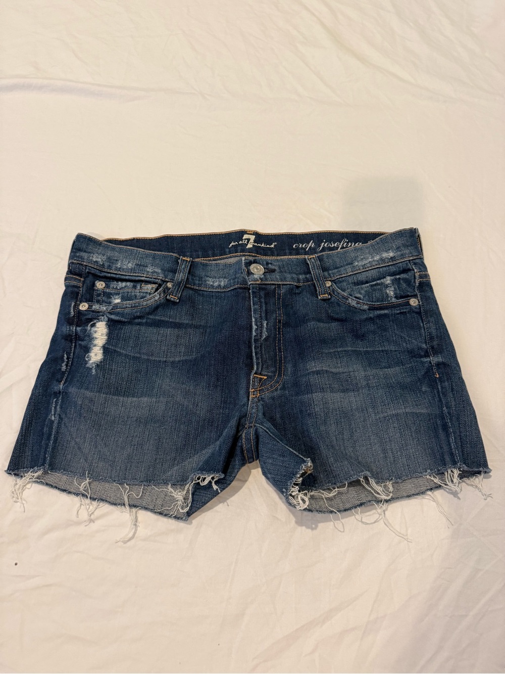 7 For All Mankind Dark Blue Distressed Cutoff Denim Shorts